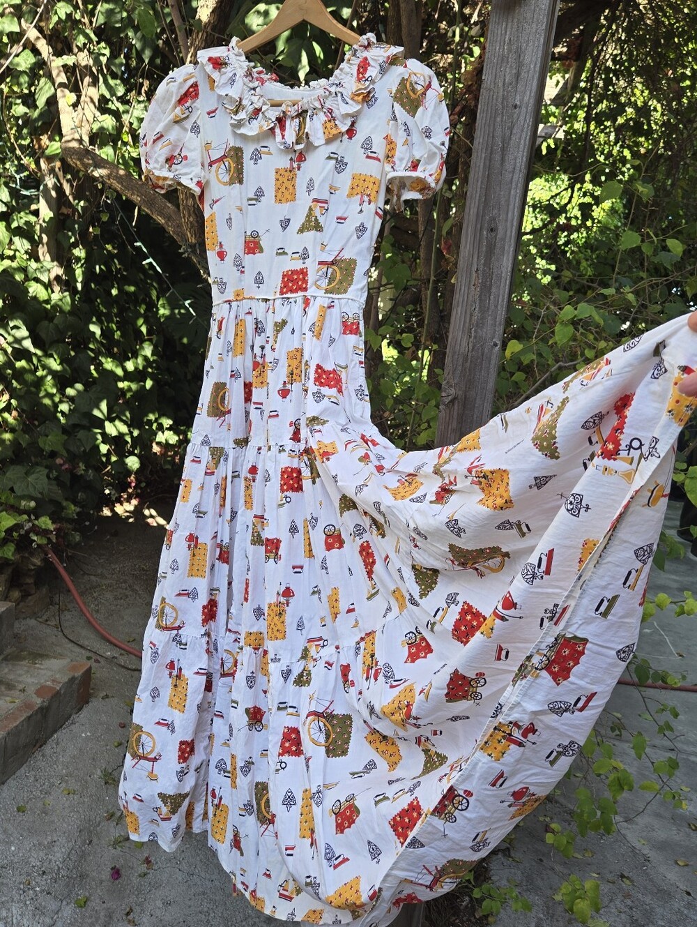 Vintage Puff Sleeve Novelty Print Maxi Dress xxs xs
